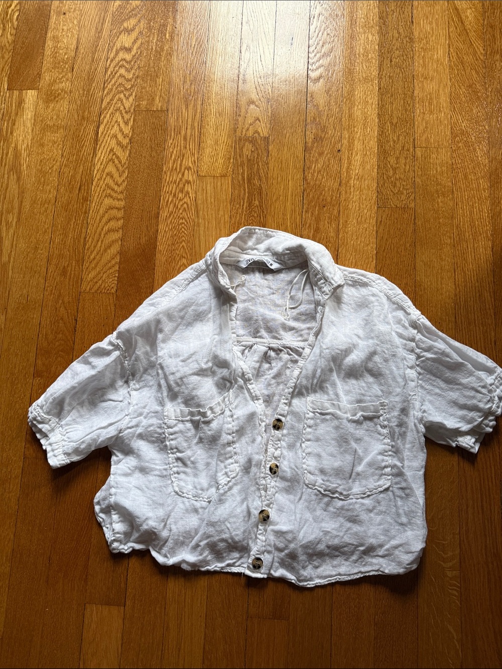 Zara linen Button-Front shirt sleeve cropped Top in White size small